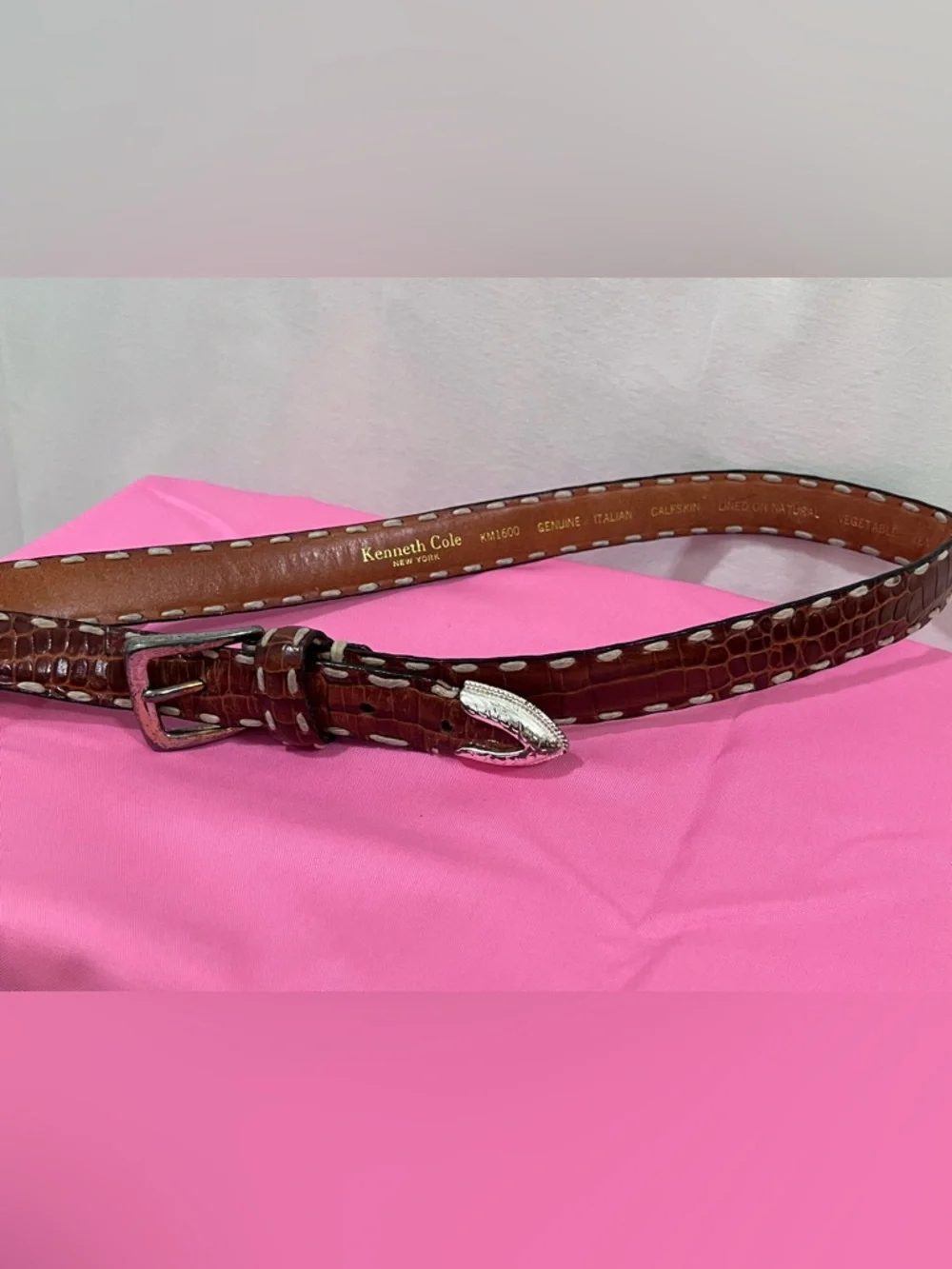 Kenneth Cole Croc Embossed Leather Belt 38 Brown Italian Calfskin Luxury Western